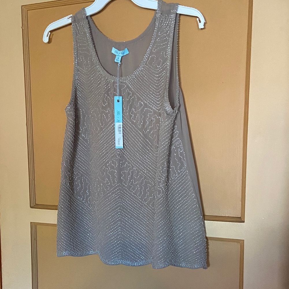 She + Sky Tan Silk blend Beaded sleeveless tank